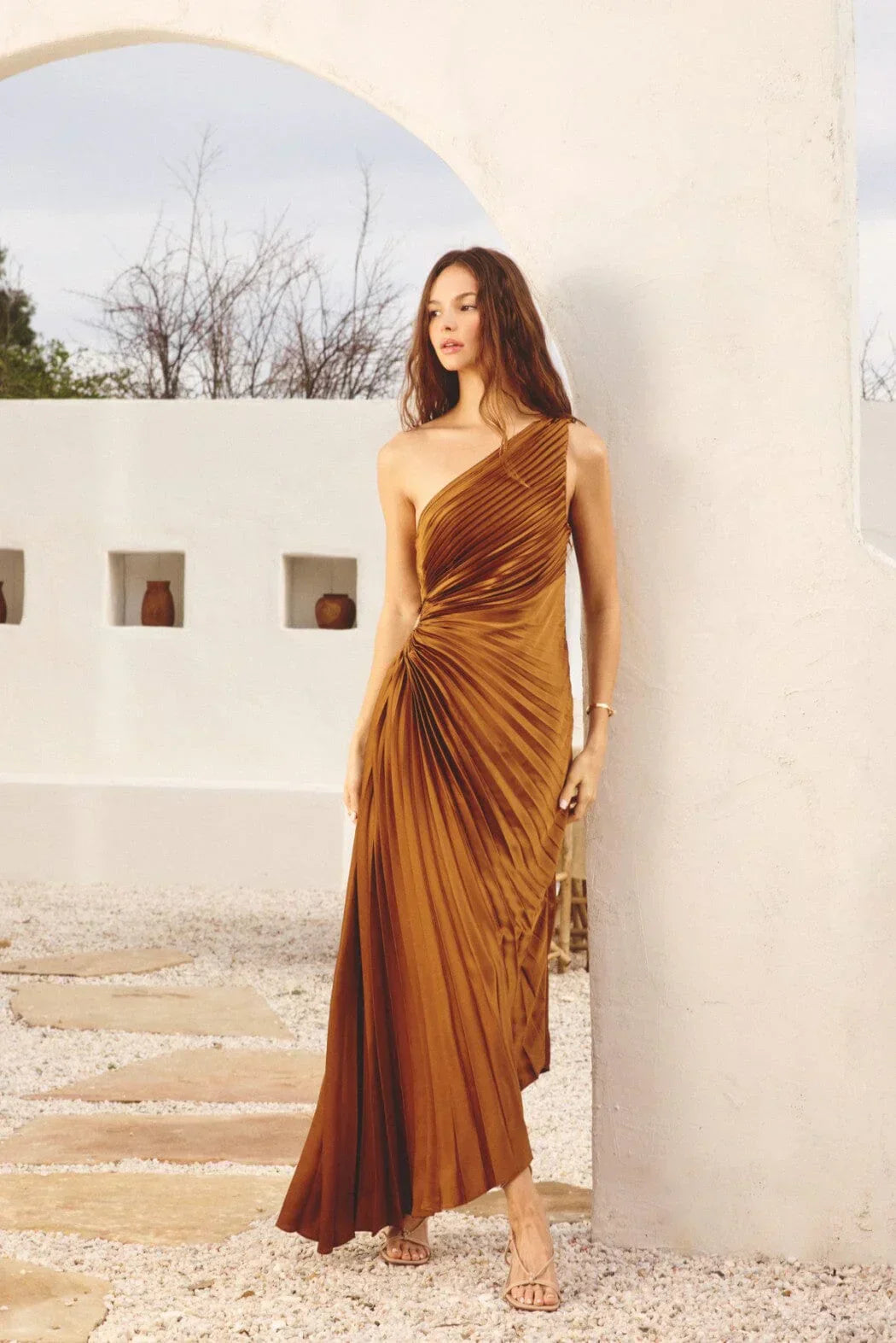 Sylviana - Ein-Schulter Plissiertes Midi-Kleid