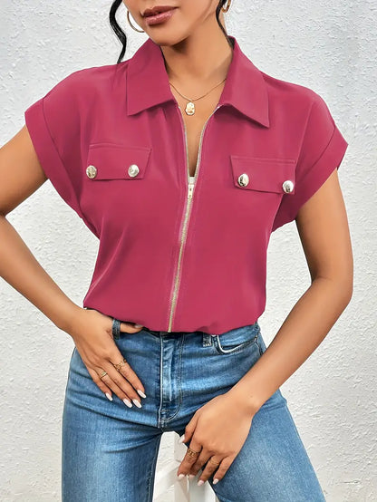 Alfano - Elegant Bluse med Korte Ermer og Glidelås