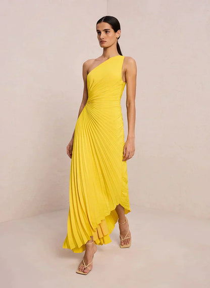 Sylviana - Ein-Schulter Plissiertes Midi-Kleid