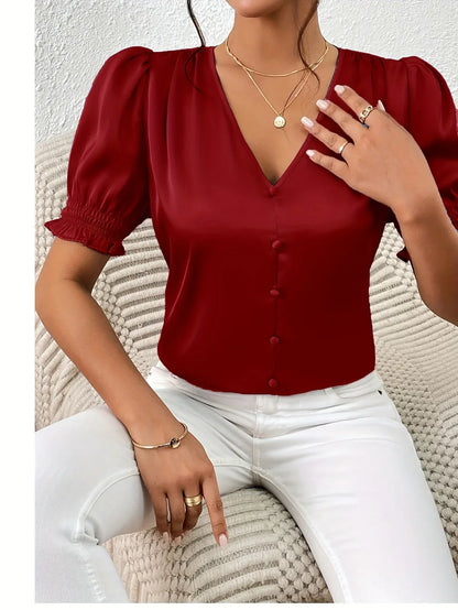 Abella - Elegant bluse med V-hals og pufferm