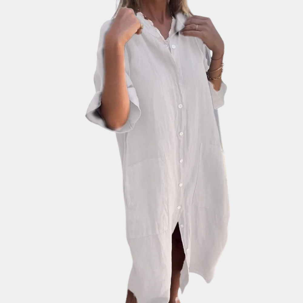 Mia - Avslappet sommerkjole med skjortekrave for kvinner med lommer