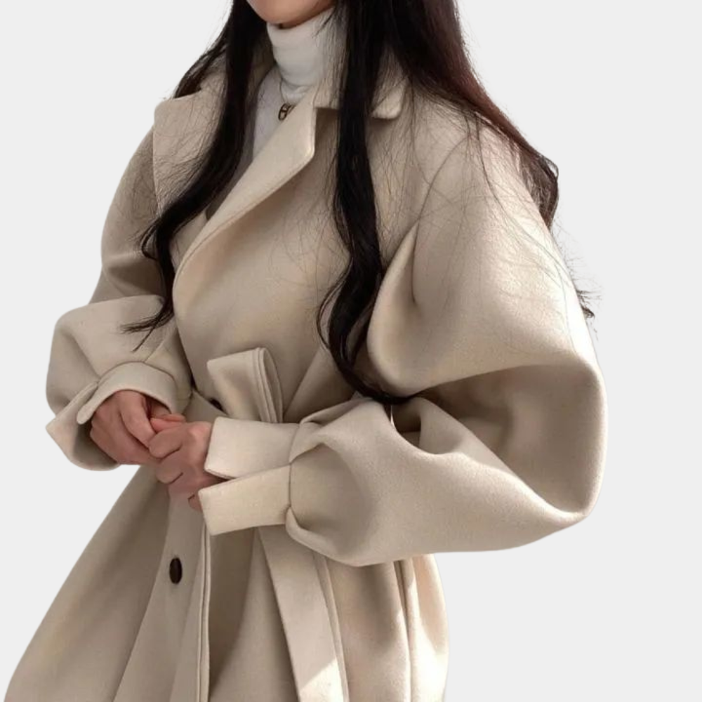 Elegant frakk for kvinner med puffermansjetter og belte