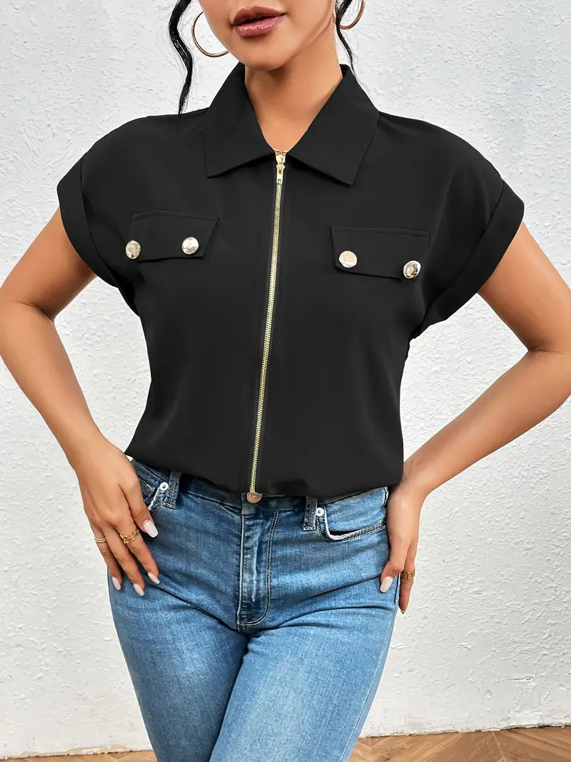 Alfano - Elegant Bluse med Korte Ermer og Glidelås