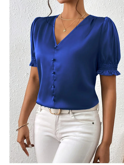 Abella - Elegant bluse med V-hals og pufferm
