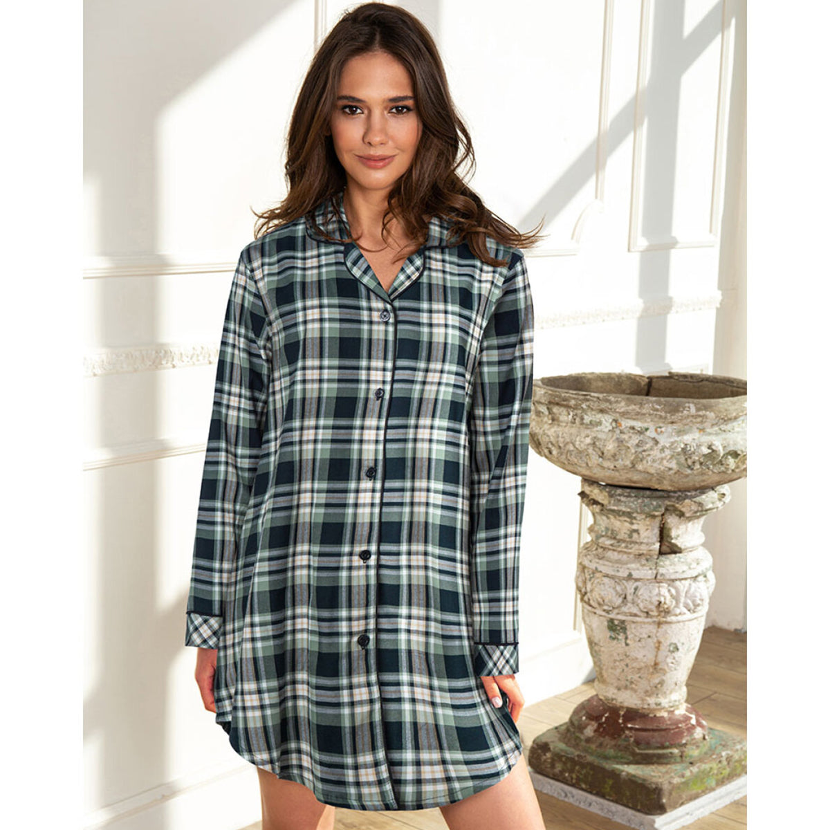 Lady Avenue Cotton Flannel nattskjorte, multi