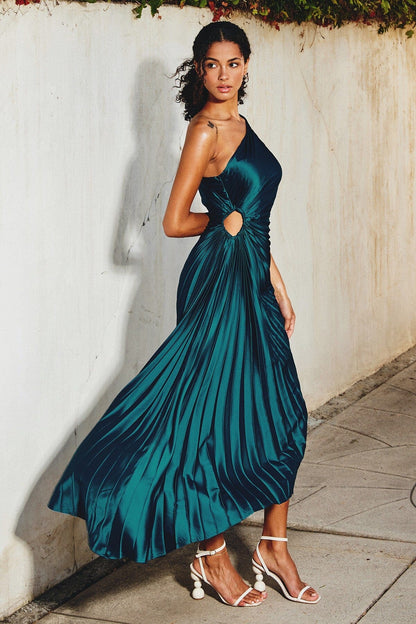 Sylviana - Ein-Schulter Plissiertes Midi-Kleid